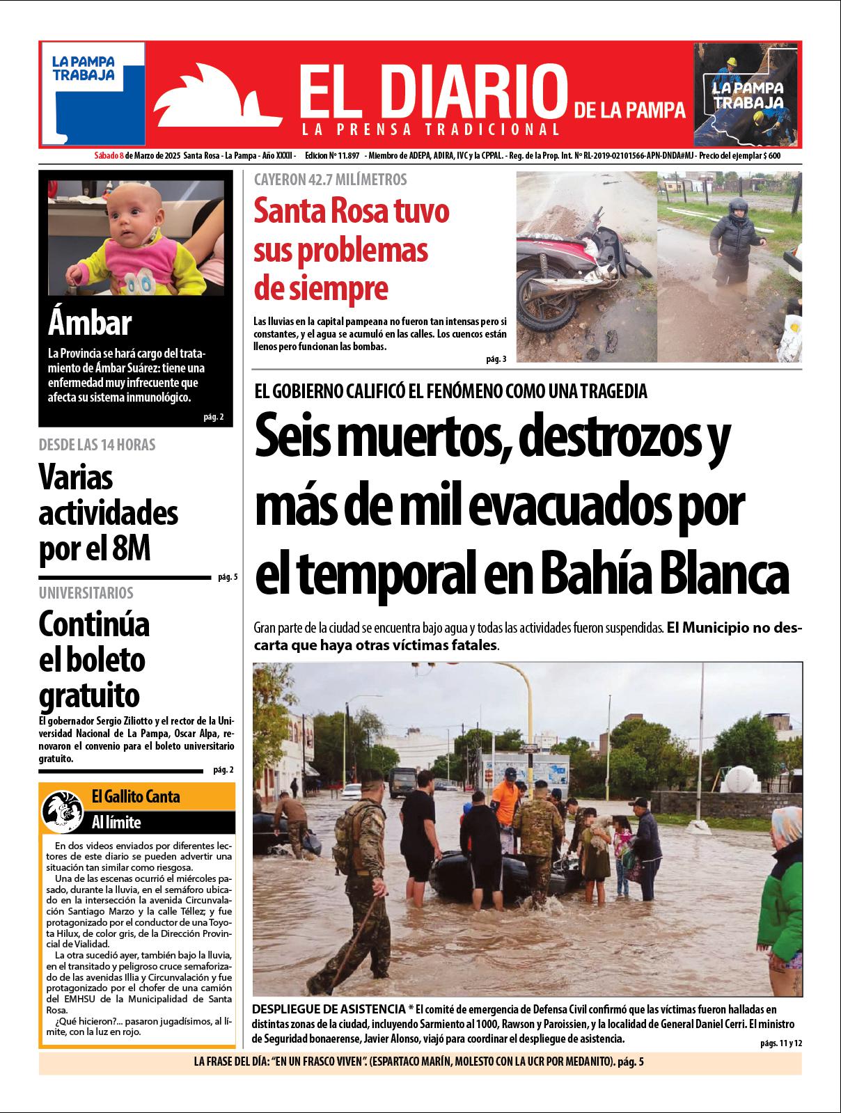 Tapa de El Diario en papel  saacutebado 08 de marzo de 2025